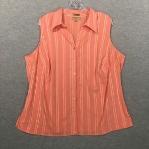 Notations 1X Sleeveless Collared Peach Button-Up Blouse Metallic Shimmer Stretch